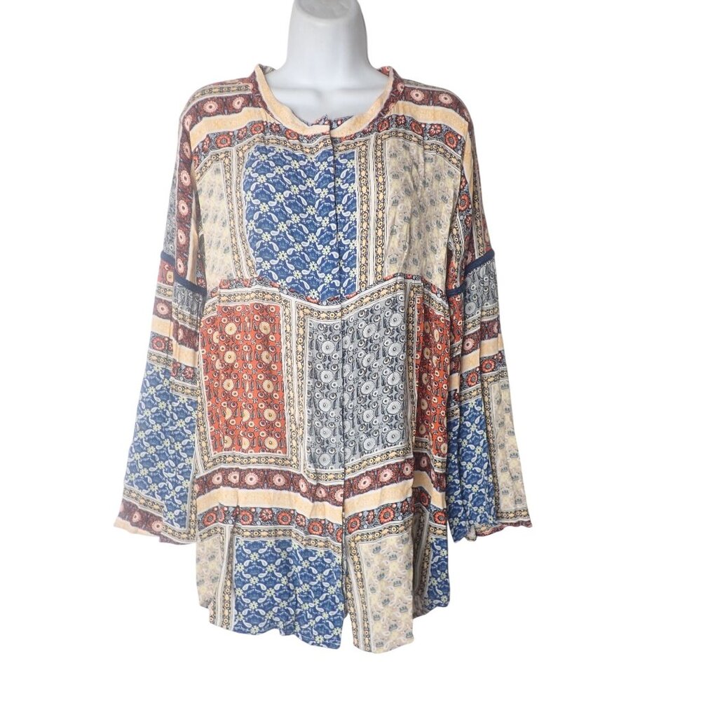 Tigerlily Multicolor Boho Open-Back Long-Sleeve Blouse‎ Size 6 Mini Dress Retro